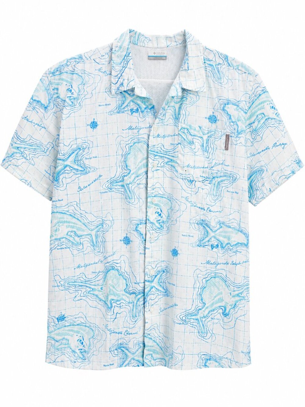 Columbia PFG Fishing Shirt Medium Blue White Map Print Vented Coastal Men's